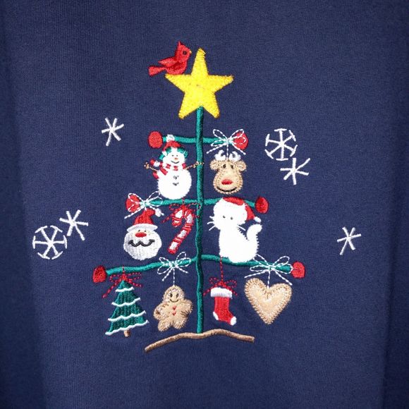 Natural Escape Navy Blue Christmas Tree Sweatshirt Size 2XL Holiday Embroidered - Picture 3 of 9